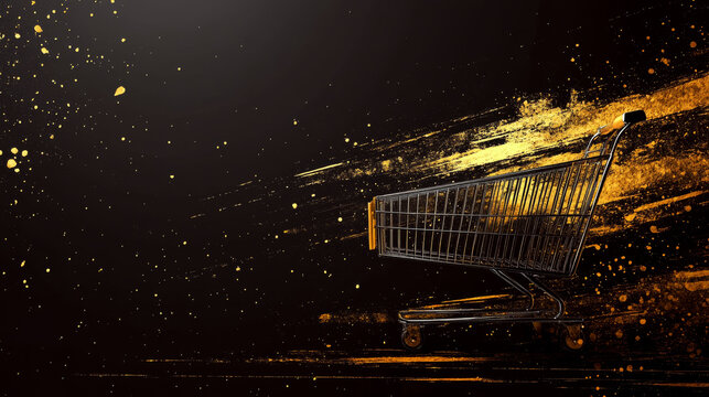 Shopping cart on a dark background with gold paint splashes. Concept of shopping and luxury.