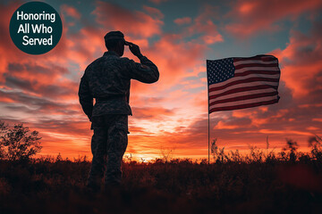 A silhouette of a saluting veteran against a sunset with a large American flag in the background, captioned "Honoring All Who Served"