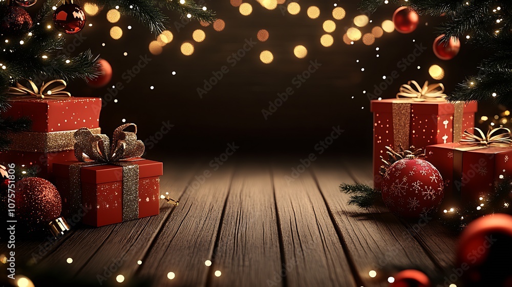 Poster holiday season presents with decorative red and gold elements on rustic wooden surface : generative 