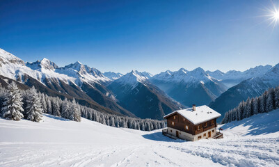 A small cabin sits on a snow-covered mountainside overlooking a valley of snow-capped peaks