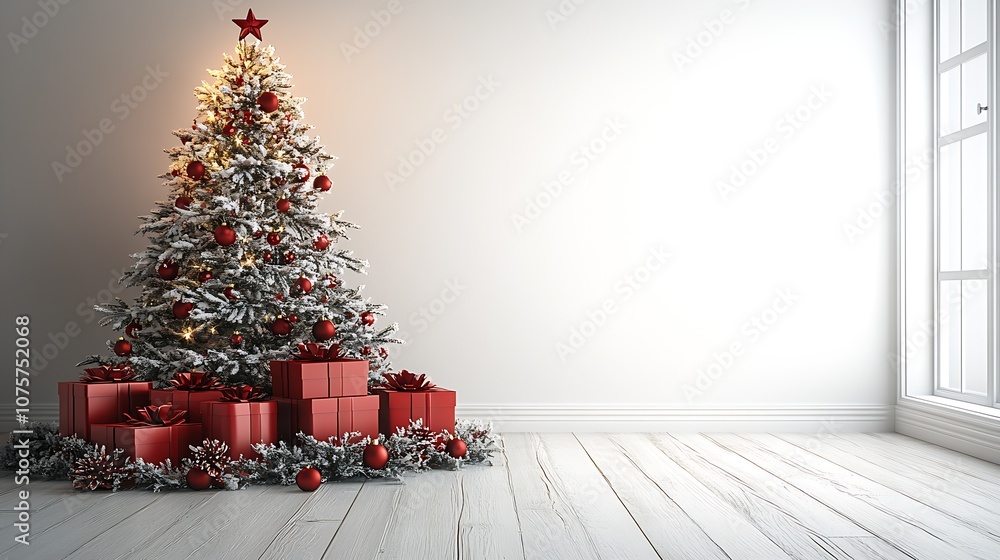 Poster red decorated christmas tree with presents by the bright window light : generative ai