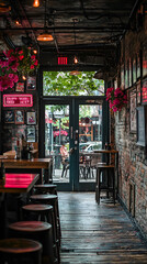 Fototapeta premium Cozy Rustic Bar and Restaurant Interior with Wooden Floor and Brick Wall Ambiance