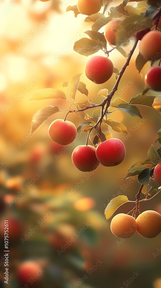 Poster sunlit apples on orchard branches with warm autumn colors and soft bokeh background : generative ai