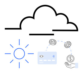 Cloud and sun symbols, digital payment card connected to coins, human hand receiving money. Ideal for online banking, fintech, digital payments, cloud computing, finance tech, security financial