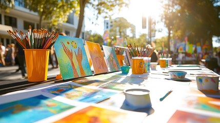 Artistic display of colorful paintings and brushes in sunlight