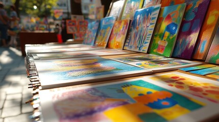 Vibrant market stall displaying handmade art pieces and colorful paintings