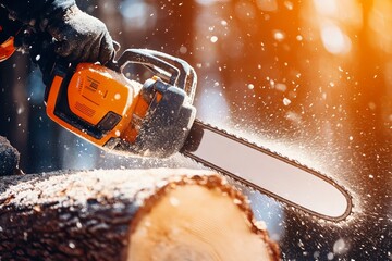 Close-up of chainsaw cutting a log, with wood shavings flying during logging work.