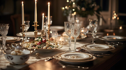Refinada elegancia francesa: Una mesa de fiesta fina iluminada por velas y copas de vino, platos exquisitamente servidos en un ambiente encantador.