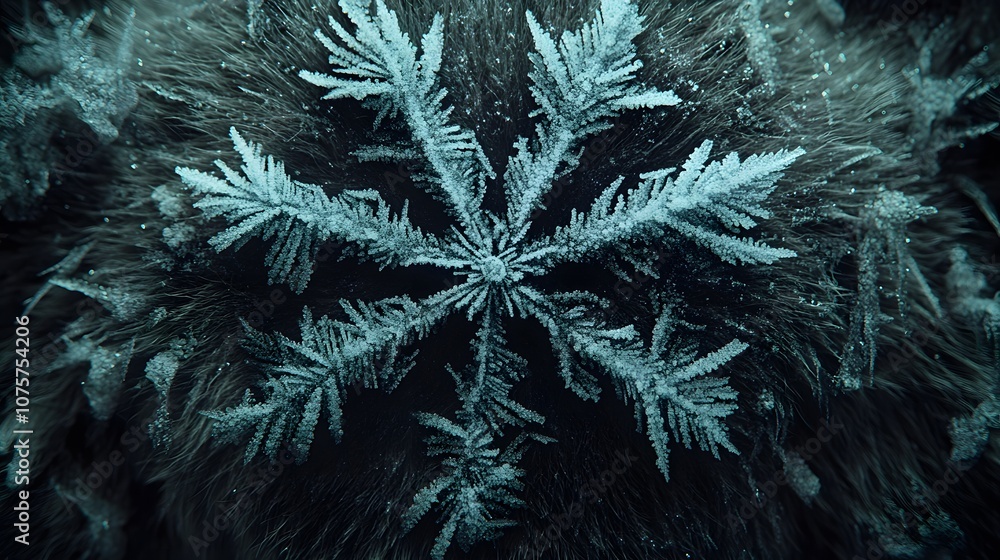 Poster a close-up view of a snowflake showcasing intricate ice crystal formations.