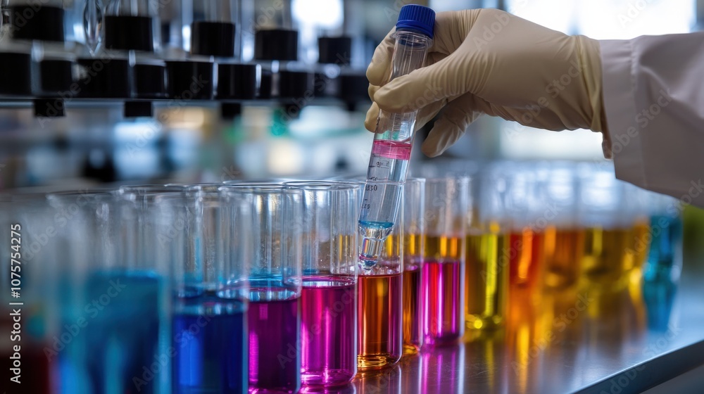 Poster chemical laboratory background with lab techs conducting experiments using colorful liquids and glas