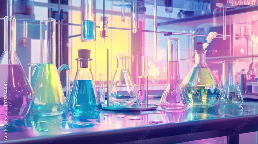 Poster chemical laboratory background with lab techs conducting experiments using colorful liquids and glas