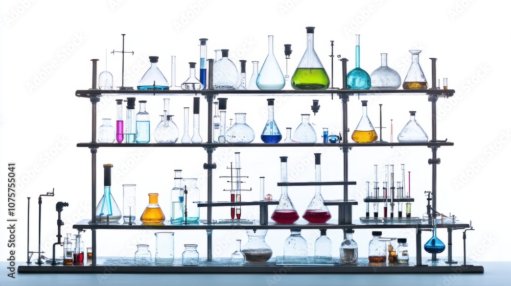 Poster chemical laboratory with lab techs working on experiments using test tubes, glassware, and pipettes,