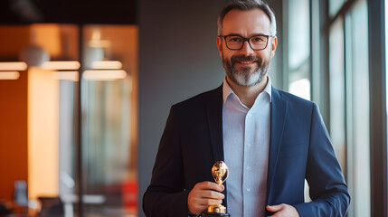 Líder empresarial triunfador sosteniendo un premio en una oficina moderna: Símbolo de logro y poderoso emblema de éxito en el mundo empresarial español.