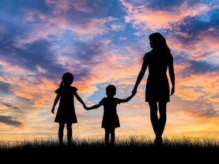 Silhouette of a woman and two children holding hands against a colorful sunset sky.