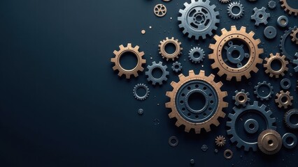 Assortment of bronze and black metal gears on a dark background with empty space on the left. Industrial mechanics and engineering concept. Design for posters, backgrounds, and technical illustrations