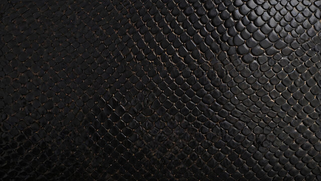 Closeup black snake skin texture. Closeup of snake leather texture in dark black fine scales with subtle shine and intricate pattern. Reptile skin pattern design, Eco-friendly camouflage
