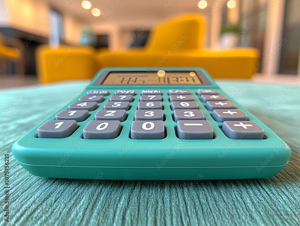 Poster a close-up of a teal calculator on a textured surface with a blurred background.