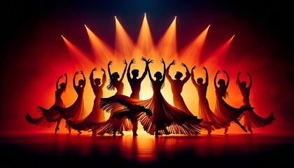 Silhouettes of  graceful dancers standing in a line, each forming heart shapes with their arms,...