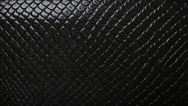 Closeup black snake skin texture. Closeup of snake leather texture in dark black fine scales with subtle shine and intricate pattern. Reptile skin pattern design, Eco-friendly camouflage
