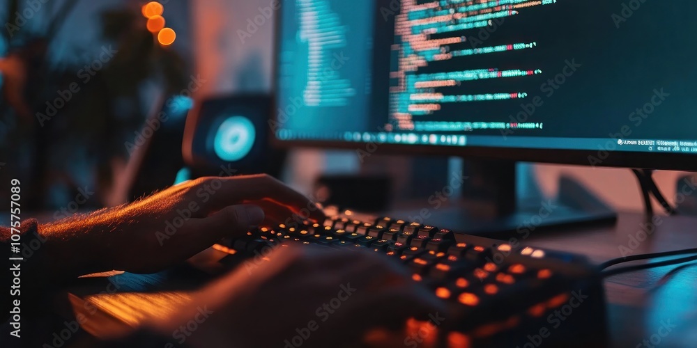 Poster a close-up of hands typing on a keyboard in a dimly lit room with code on the screen.
