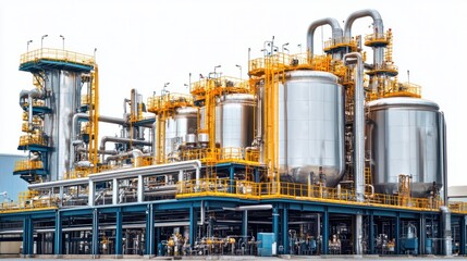 Chemical processing plant with large vats, metallic pipes, and industrial machinery in operation, isolated on white