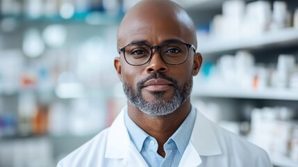 An experienced pharmacist wearing glasses and a white coat stands confidently among neatly arranged pharmaceutical shelves, highlighting assurance and expertise.