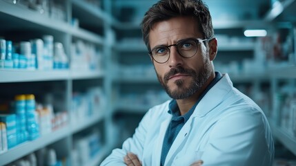 A confident pharmacist with crossed arms and glasses stands in a well-organized pharmacy aisle, exuding professionalism and authority among the products.
