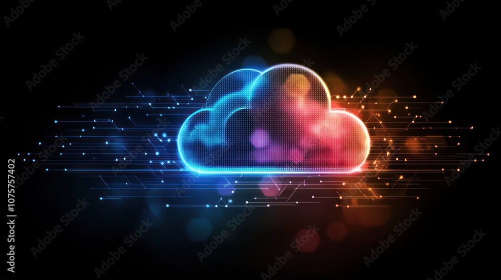 Poster a digital cloud symbol with vibrant colors and data-like elements, representing cloud technology.