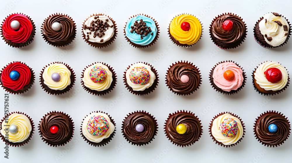 Poster decorated cupcakes in rows, each with a different topping