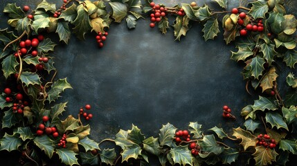 Holly Wreath Border: A festive and elegant frame of holly leaves and red berries on a dark blue...