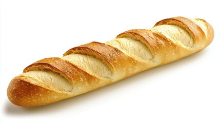   Close-up photo of long loaf of bread on white background, showing some sliced pieces