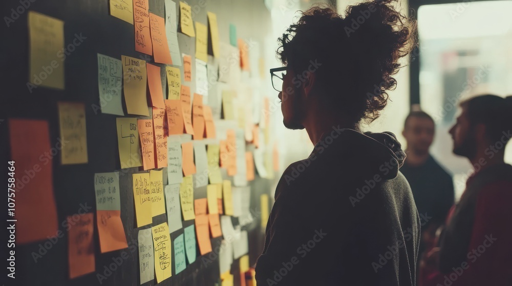 Aufkleber a group discusses ideas using colorful sticky notes on a wall in a collaborative setting.