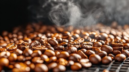 A close-up of freshly roasted coffee beans releasing aromatic steam, conveying the essence of freshness and the enticing allure of classic coffee enjoyment.