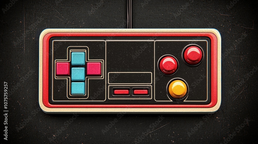 Poster retro gaming controller with colorful buttons on black background