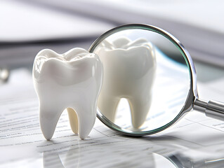 A dental model tooth beside a magnifying glass on paperwork, symbolizing dental health.