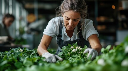 A focused gardener tends to lush indoor green plants with delicate white flowers, showcasing dedication and care in the cultivation and nurturing of nature indoors.