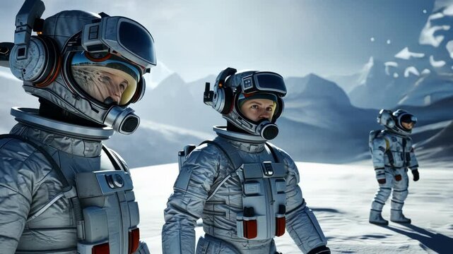 A group of astronauts on a foreign planet using the goggles to navigate its harsh terrain.