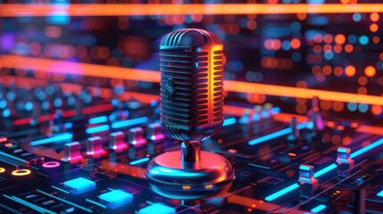 A vintage microphone sits on a futuristic soundboard with neon lights.