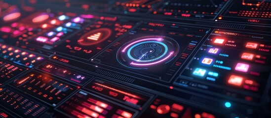 Obraz premium Futuristic digital interface with glowing buttons, graphs and indicators.