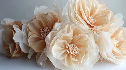   A cluster of paper blossoms rests on a white countertop beside a vase adorned with blooms