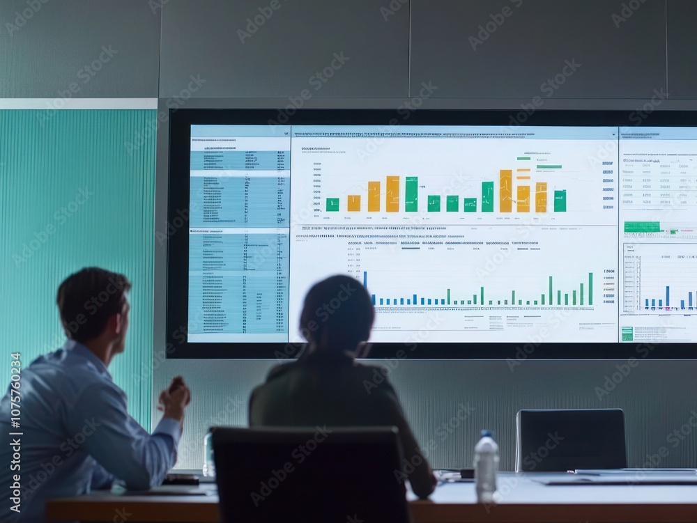 Aufkleber meeting with data visualization on screen, showcasing analytics and performance metrics.