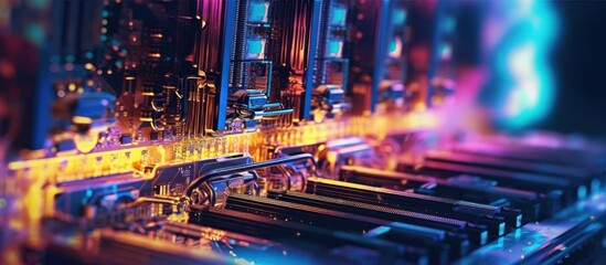 Obraz premium Close-up of a computer motherboard with colorful lights.