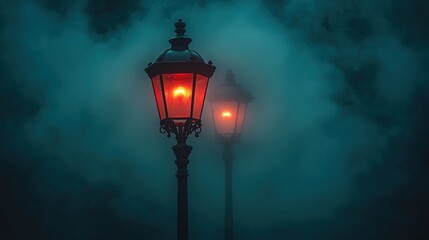Two vintage street lamps glow in the fog on a misty evening.