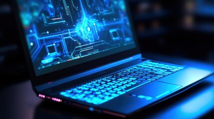 A black laptop with a blue backlit keyboard showing a futuristic sci-fi user interface with glowing lines.