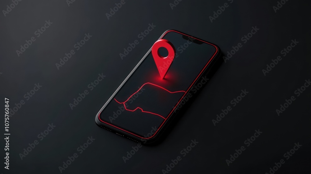 Poster a smartphone displaying a red location pin against a dark background.