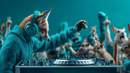 A fox DJ in a teal sweater plays music for a lively crowd of rabbits and other animals at a vibrant party
