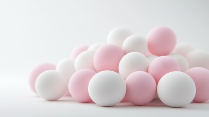 Fototapeta premium Pink and white eggs on a white countertop against a white background