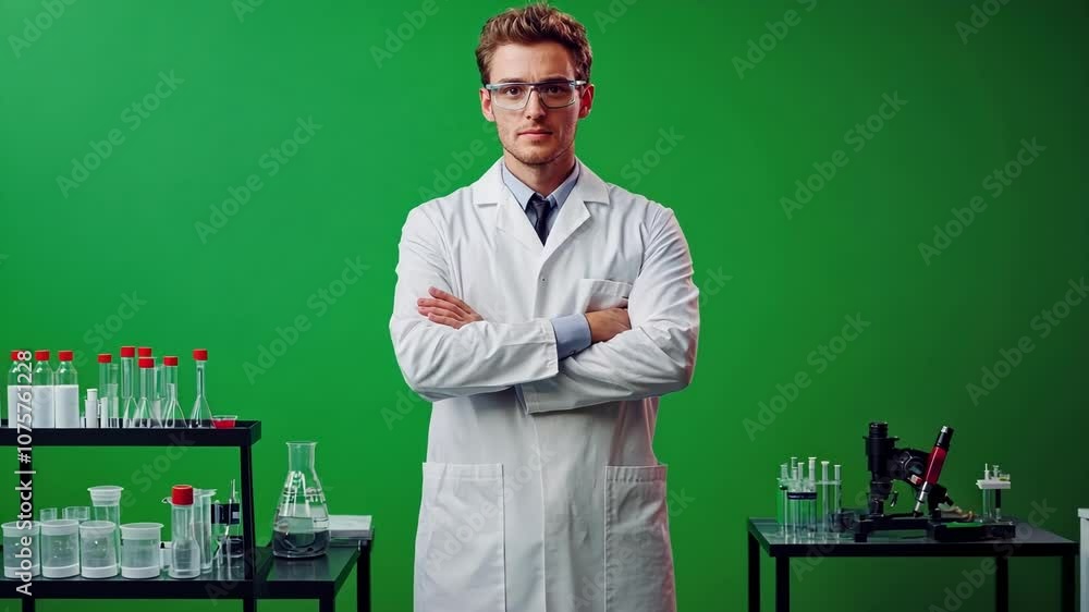 Poster scientist is posing with arms crossed in a laboratory setting with a green screen background, provid