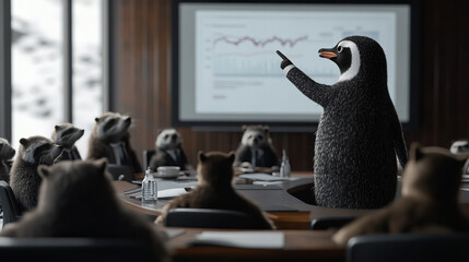 A penguin presents market trends to raccoons in a corporate conference room during a morning meeting