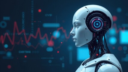 Side view of a humanoid robot on a background of digital data and red line graphs. Artificial intelligence and technology concept. Design for posters, educational materials, and tech illustrations